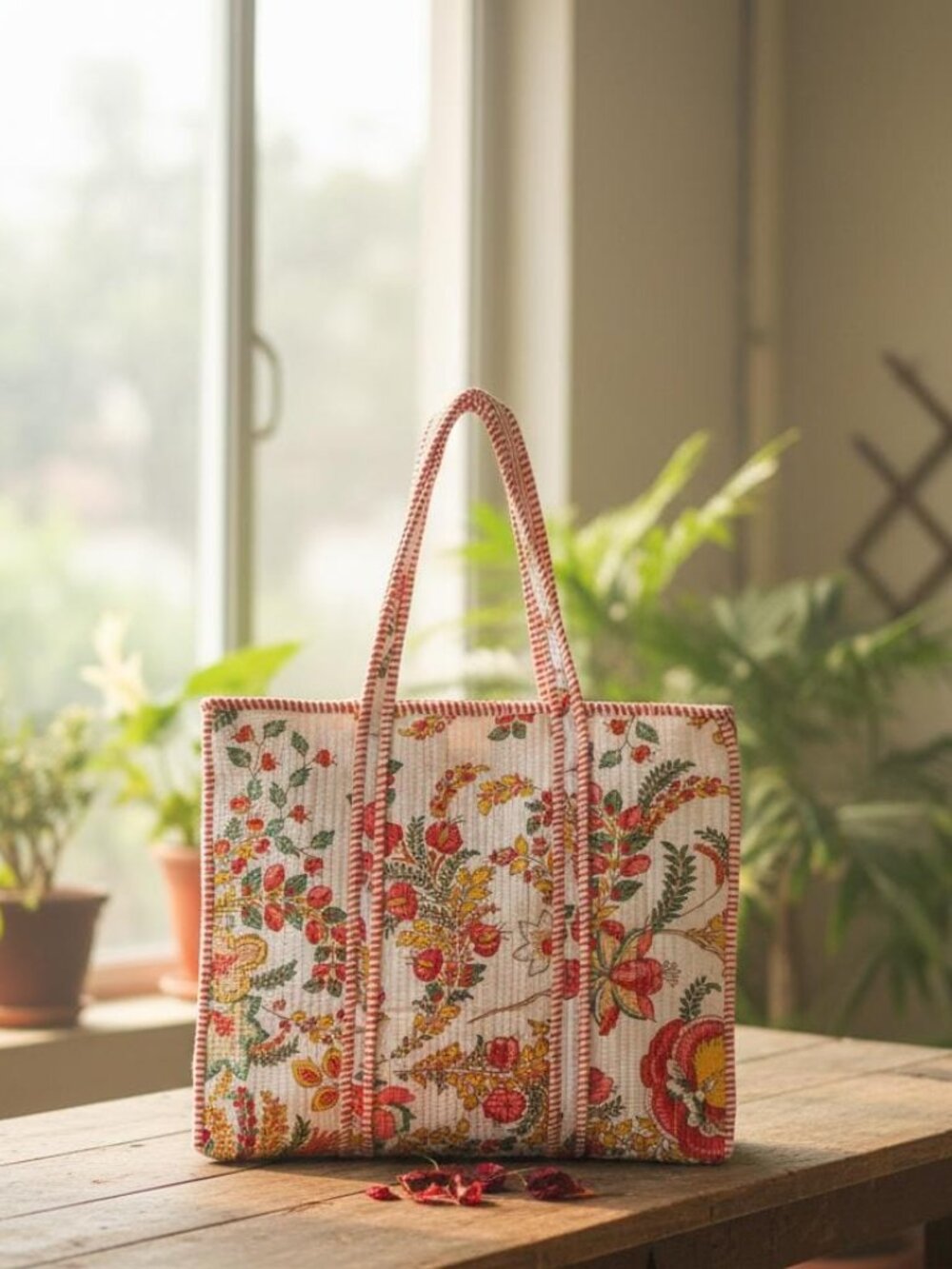 Reusable Quilted Cotton Tote Bag – Hand Screen-Printed Floral Design Red